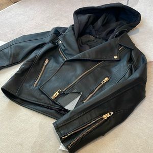 BLANKNYC Faux Leather Hooded Cropped Moto Jacket, NWT, Size M